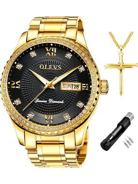 Men's Gold Black Diamond Stainless Steel Waterproof Luminous Luxury Analog Watch